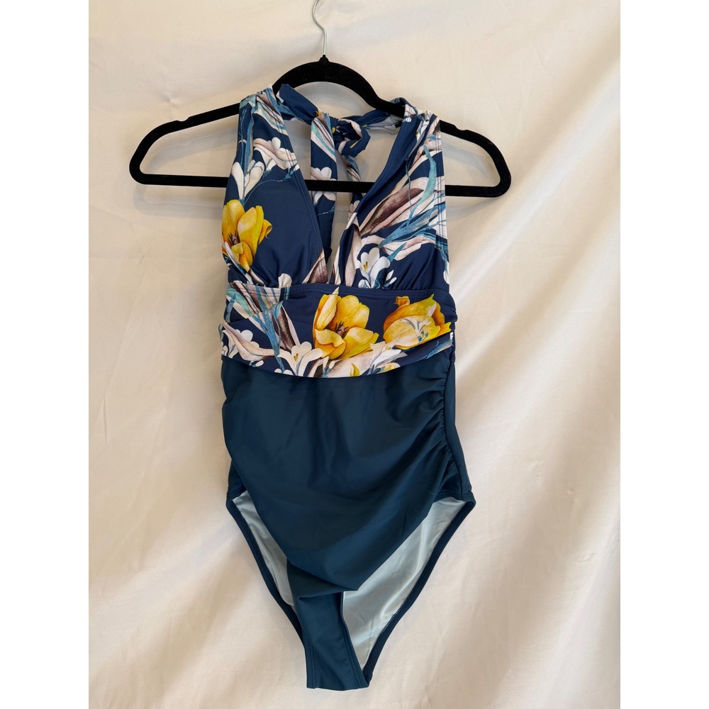 Cupshe‎ Womens Teal Blue Floral Ruched One Piece Halter Swimsuit NWT Size S